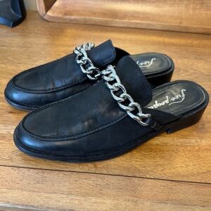 Free People Black Leather Slip-On Loafers with Chain Detail